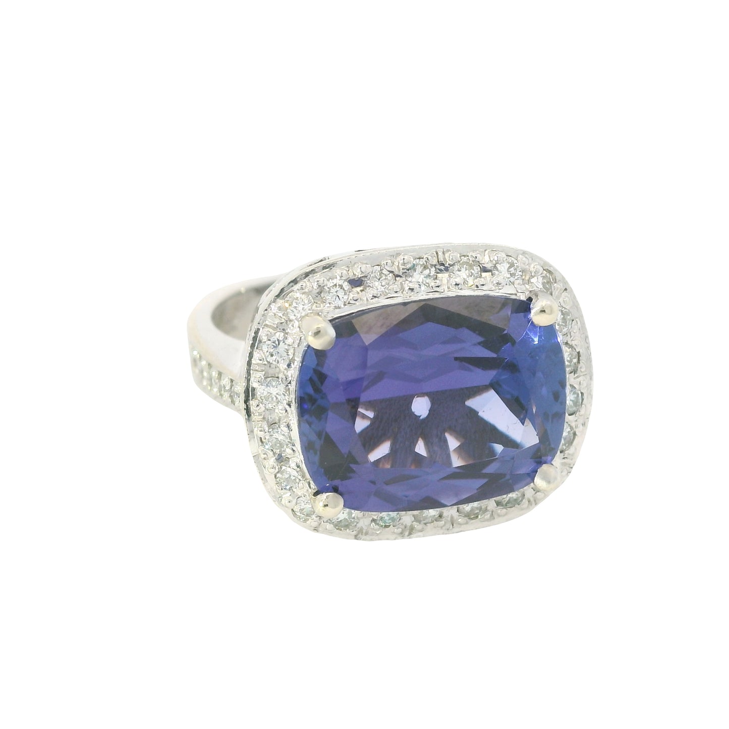 18K White Gold East/West Set Tanzanite & Diamond Halo Ring