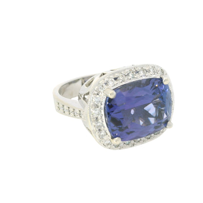 18K White Gold East/West Set Tanzanite & Diamond Halo Ring