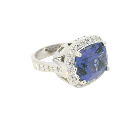 18K White Gold East/West Set Tanzanite & Diamond Halo Ring