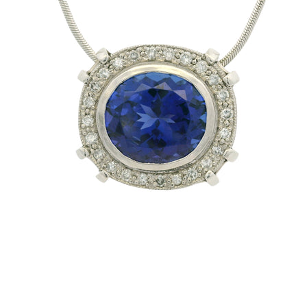 14k White Gold Natural Oval Shape Tanzanite & Diamond Halo Pendant Necklace