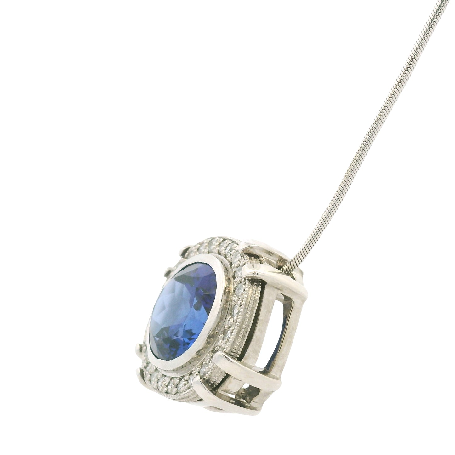 14k White Gold Natural Oval Shape Tanzanite & Diamond Halo Pendant Necklace