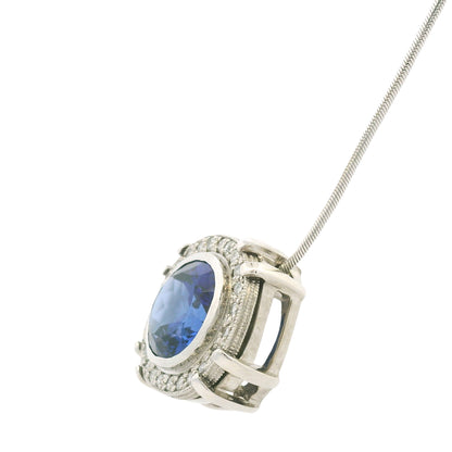 14k White Gold Natural Oval Shape Tanzanite & Diamond Halo Pendant Necklace