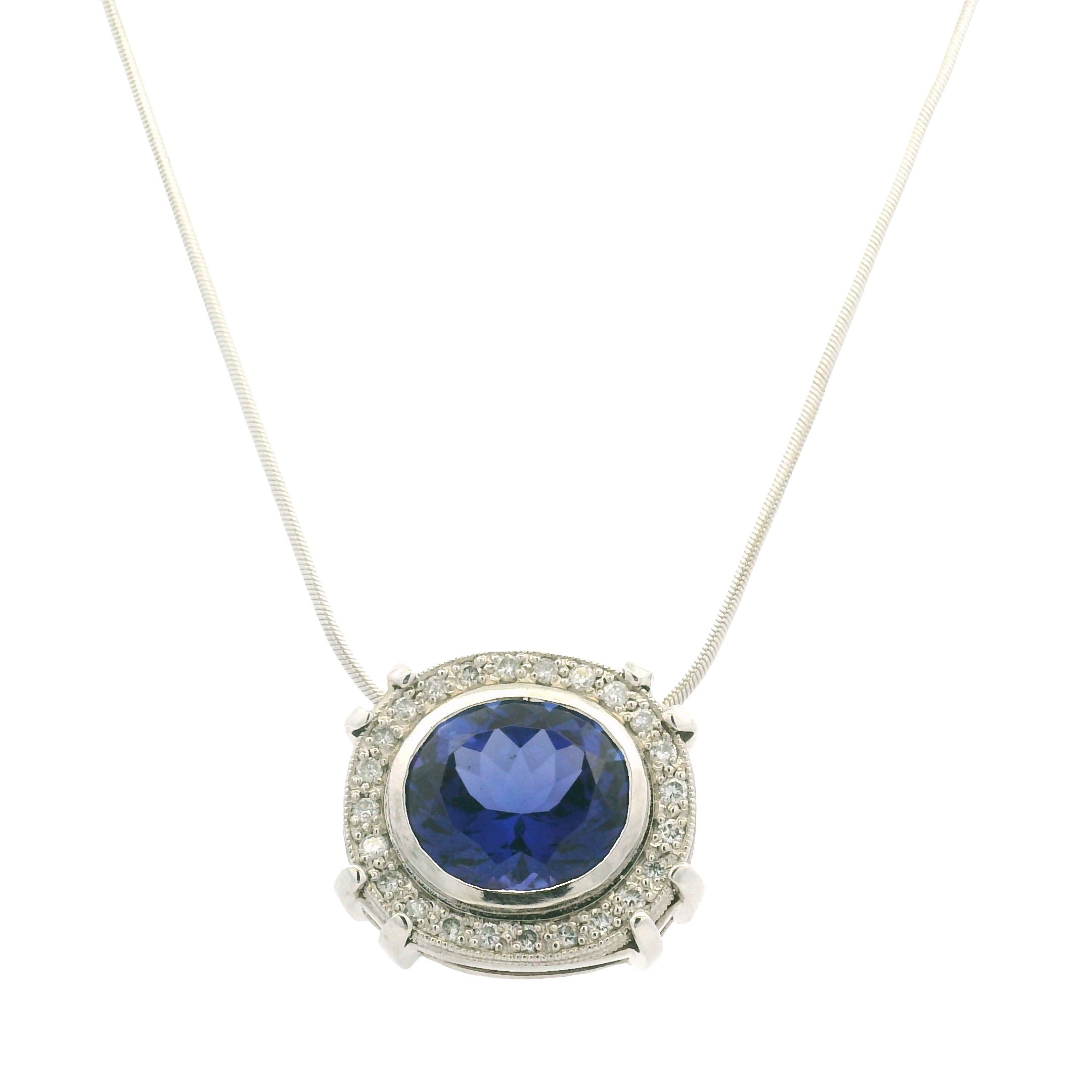 14k White Gold Natural Oval Shape Tanzanite & Diamond Halo Pendant Necklace