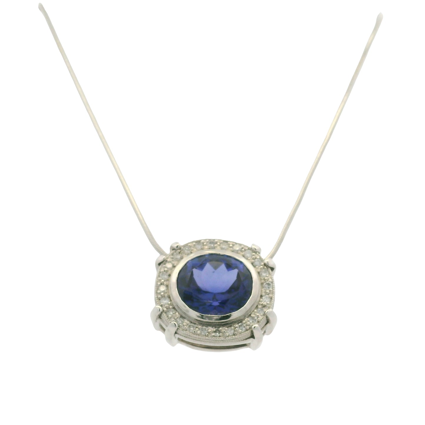 14k White Gold Natural Oval Shape Tanzanite & Diamond Halo Pendant Necklace