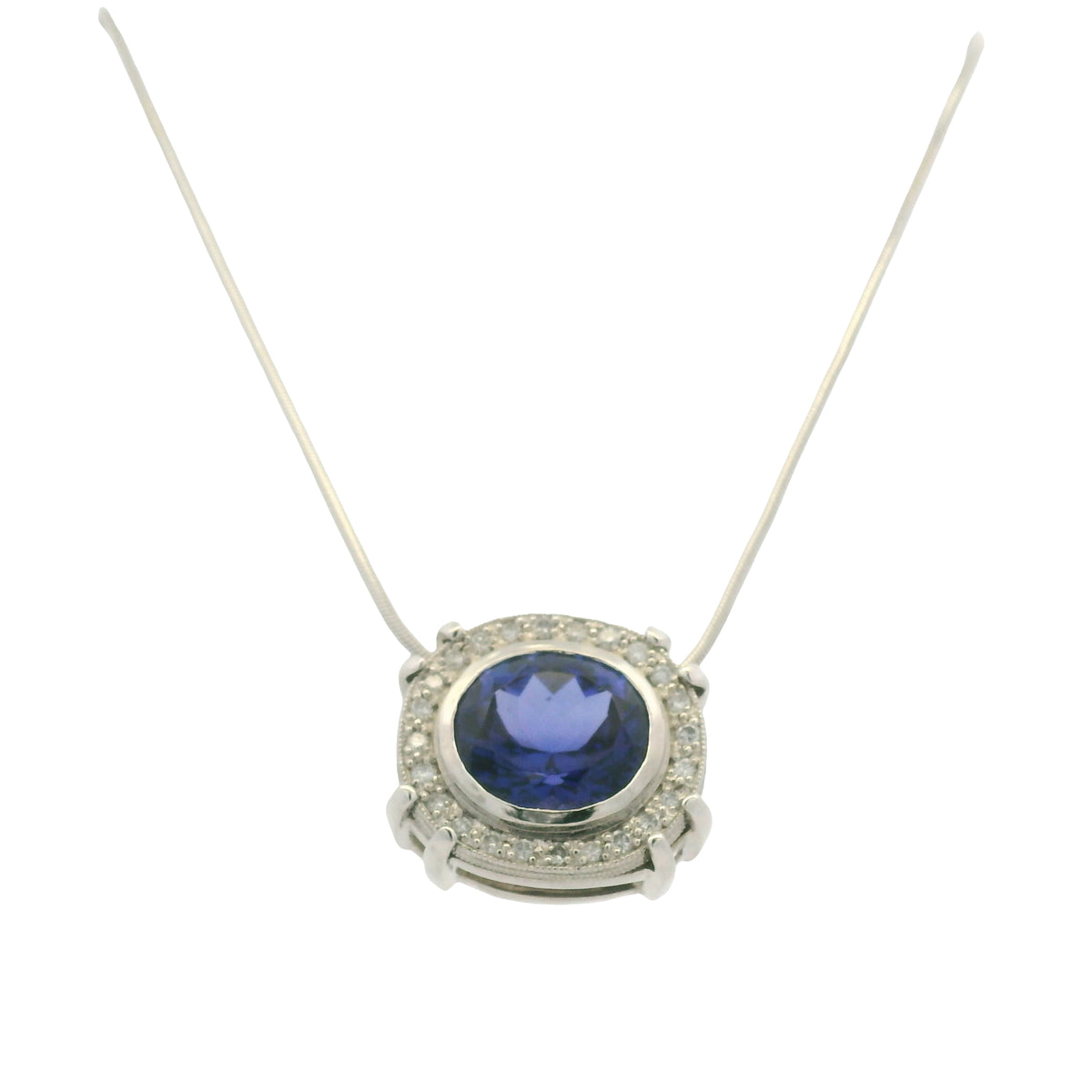14k White Gold Natural Oval Shape Tanzanite & Diamond Halo Pendant Necklace — product photo 14
