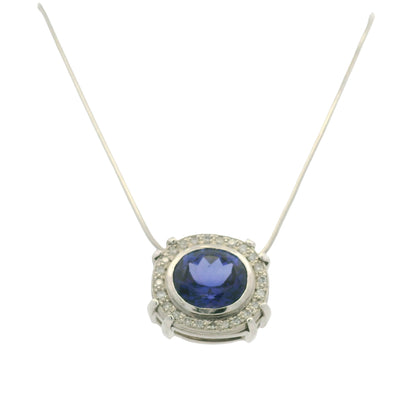 14k White Gold Natural Oval Shape Tanzanite & Diamond Halo Pendant Necklace