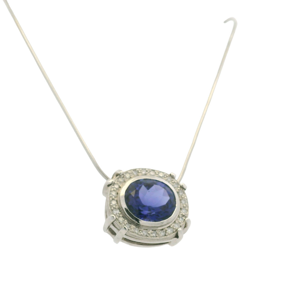 14k White Gold Natural Oval Shape Tanzanite & Diamond Halo Pendant Necklace — product photo 15