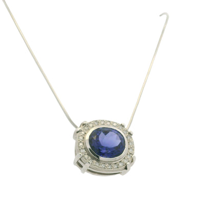 14k White Gold Natural Oval Shape Tanzanite & Diamond Halo Pendant Necklace