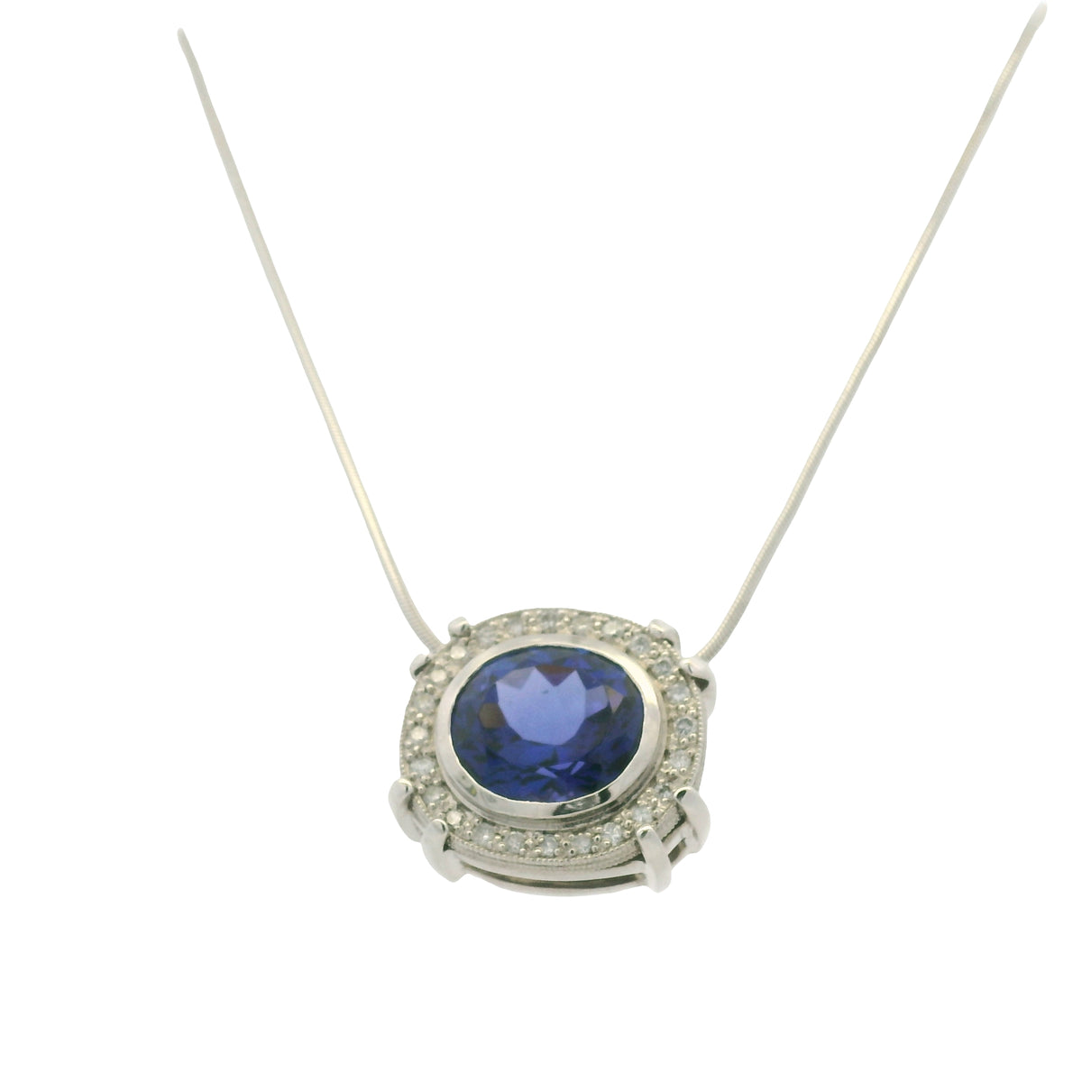 14k White Gold Natural Oval Shape Tanzanite & Diamond Halo Pendant Necklace — product photo 16