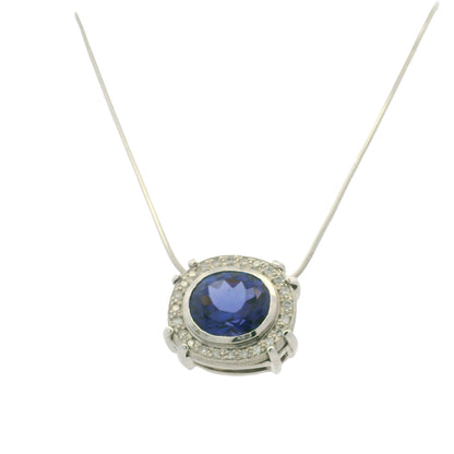 14k White Gold Natural Oval Shape Tanzanite & Diamond Halo Pendant Necklace