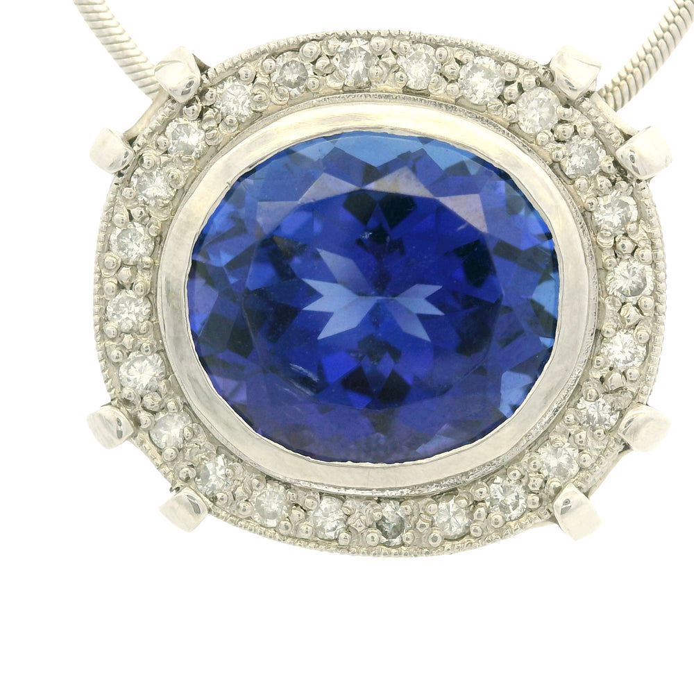14k White Gold Natural Oval Shape Tanzanite & Diamond Halo Pendant Necklace — product photo 2