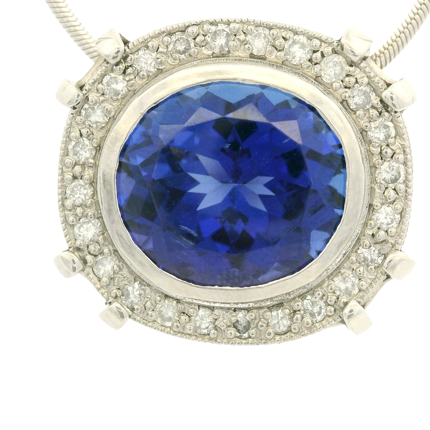 14k White Gold Natural Oval Shape Tanzanite & Diamond Halo Pendant Necklace
