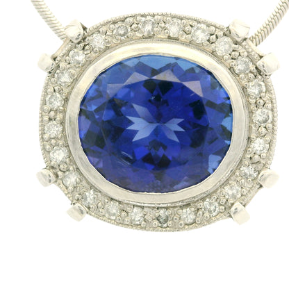 14k White Gold Natural Oval Shape Tanzanite & Diamond Halo Pendant Necklace