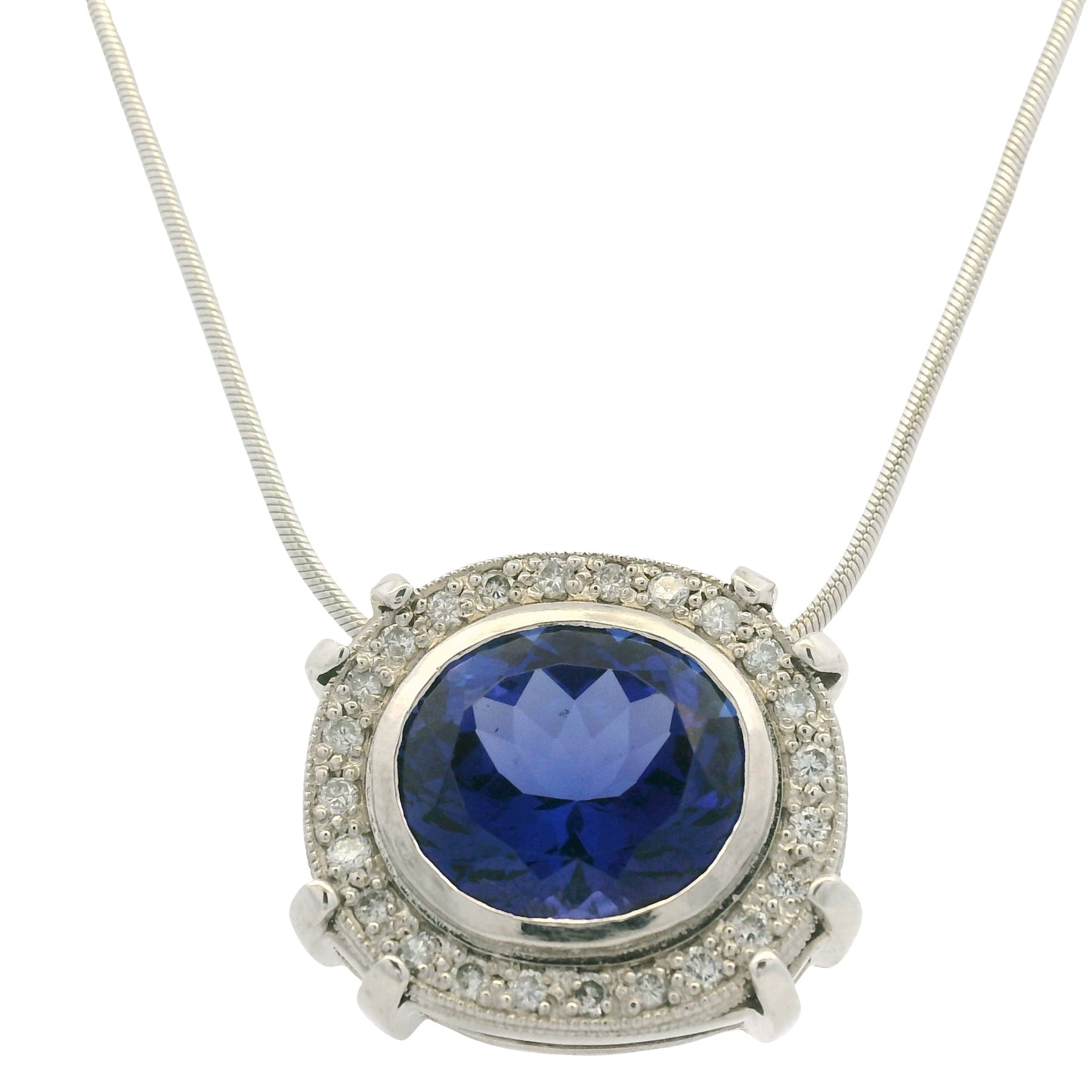 14k White Gold Natural Oval Shape Tanzanite & Diamond Halo Pendant Necklace