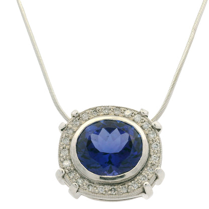 14k White Gold Natural Oval Shape Tanzanite & Diamond Halo Pendant Necklace