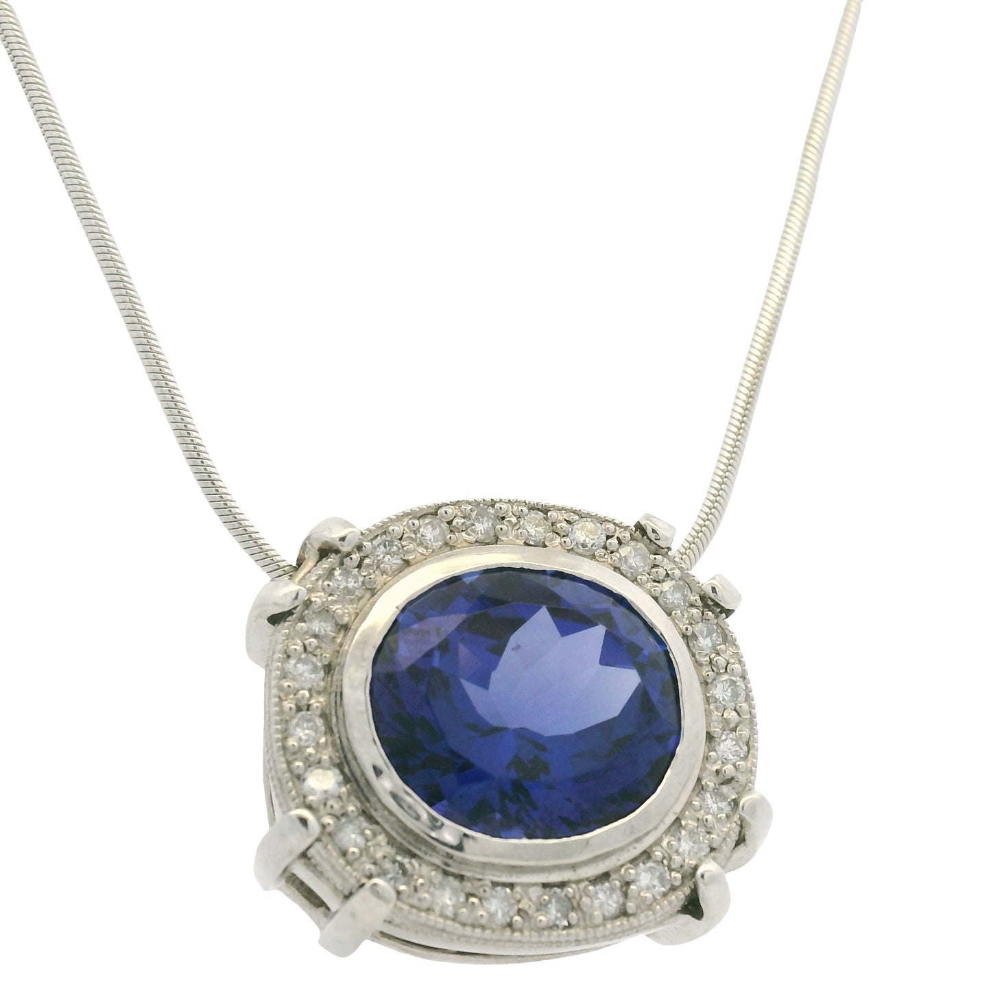 14k White Gold Natural Oval Shape Tanzanite & Diamond Halo Pendant Necklace