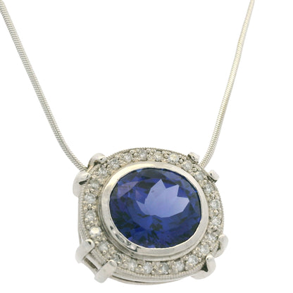 14k White Gold Natural Oval Shape Tanzanite & Diamond Halo Pendant Necklace