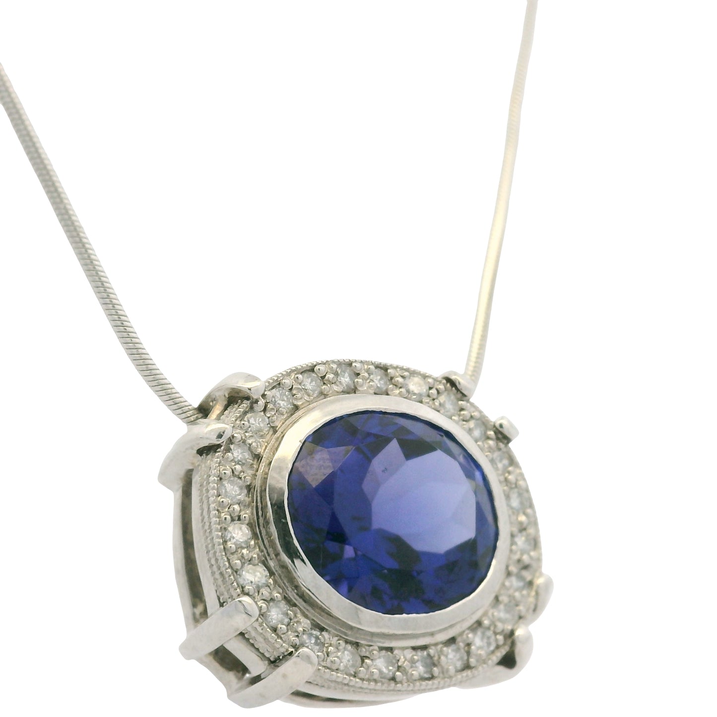 14k White Gold Natural Oval Shape Tanzanite & Diamond Halo Pendant Necklace