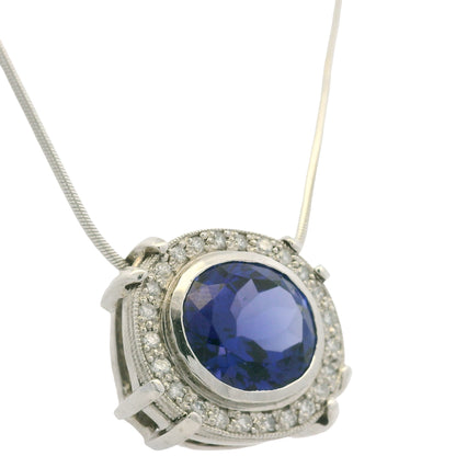 14k White Gold Natural Oval Shape Tanzanite & Diamond Halo Pendant Necklace