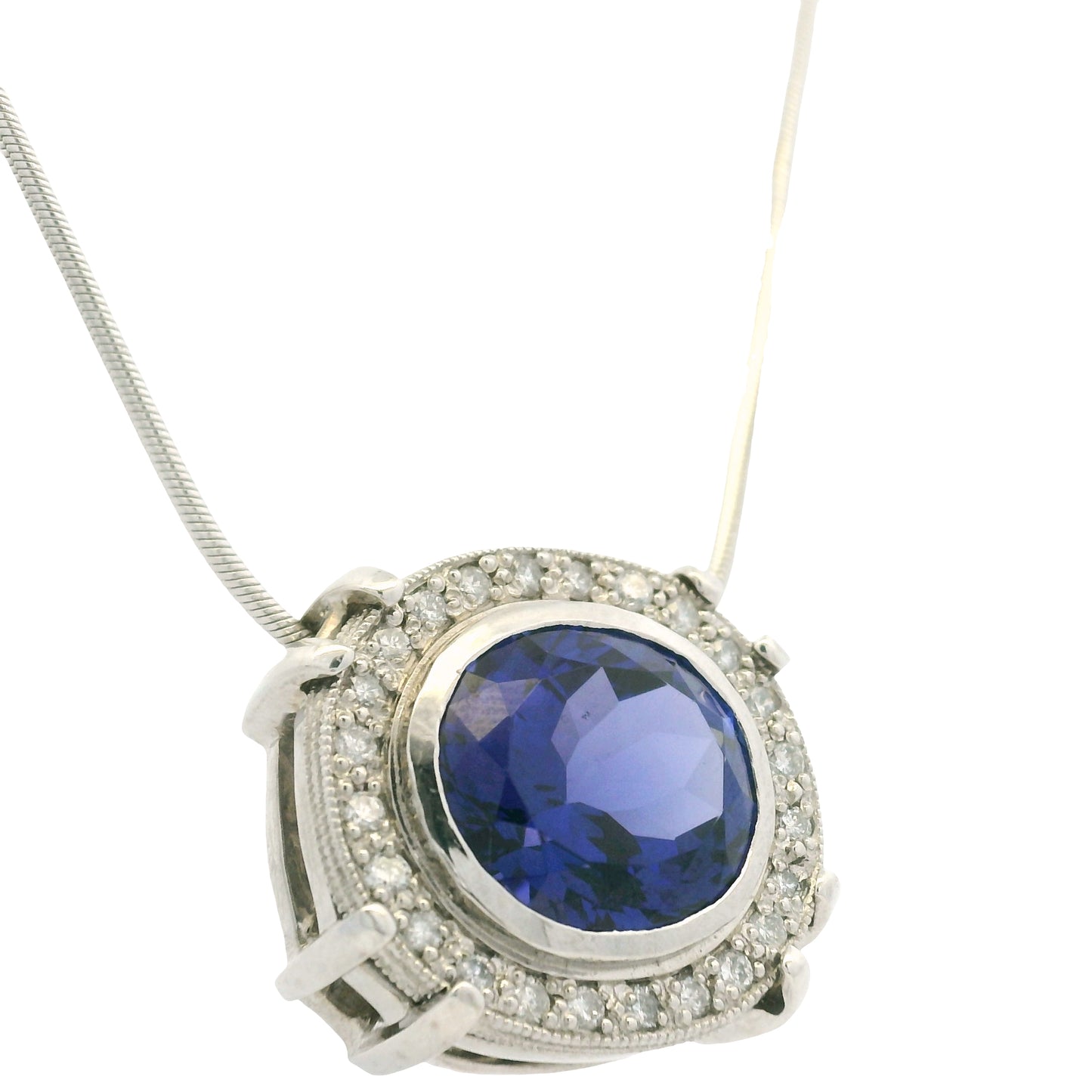 14k White Gold Natural Oval Shape Tanzanite & Diamond Halo Pendant Necklace