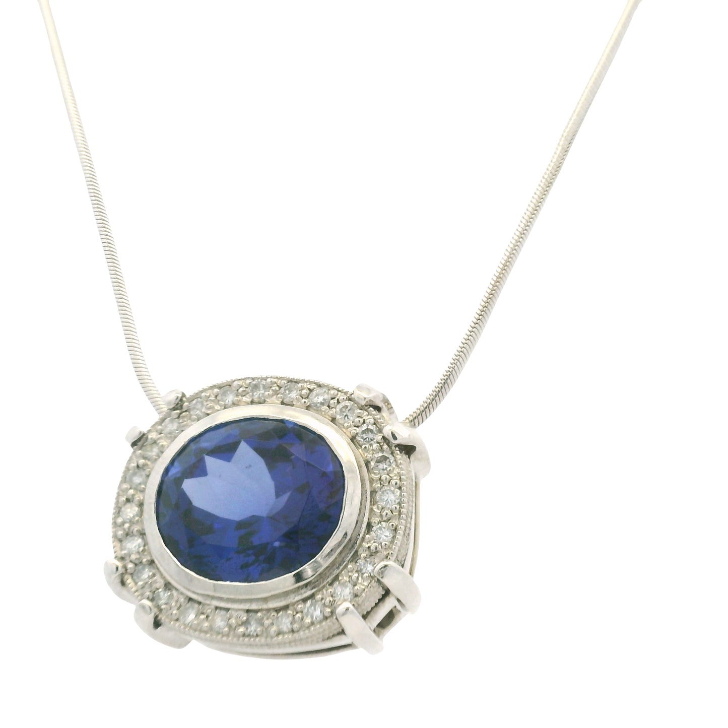 14k White Gold Natural Oval Shape Tanzanite & Diamond Halo Pendant Necklace