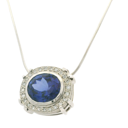 14k White Gold Natural Oval Shape Tanzanite & Diamond Halo Pendant Necklace