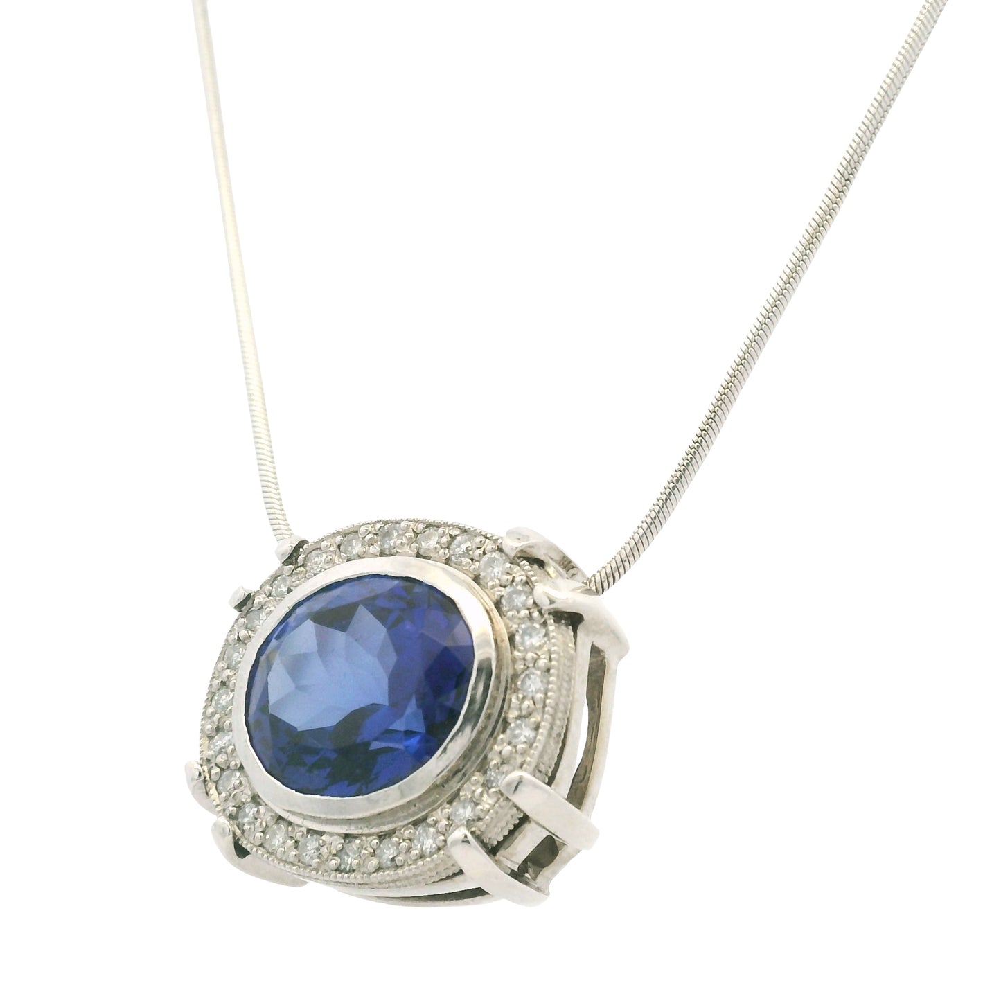 14k White Gold Natural Oval Shape Tanzanite & Diamond Halo Pendant Necklace