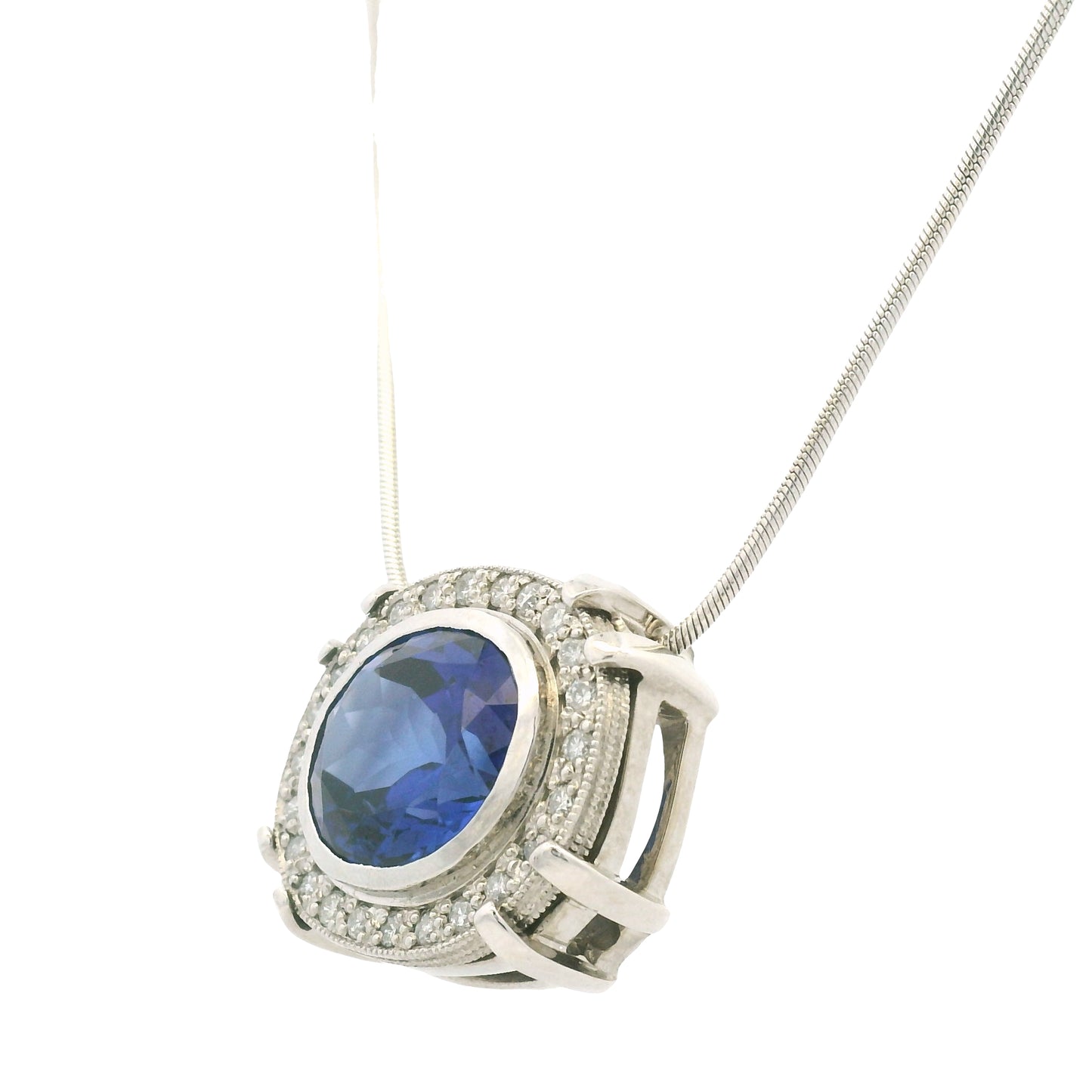 14k White Gold Natural Oval Shape Tanzanite & Diamond Halo Pendant Necklace