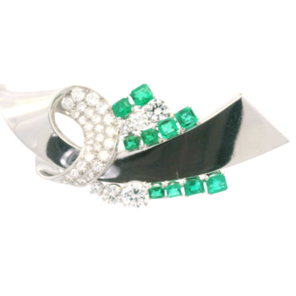 Platinum Natural Emerald Gemstone & Round Brilliant Diamond Brooch