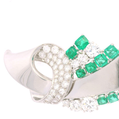 Platinum Natural Emerald Gemstone & Round Brilliant Diamond Brooch