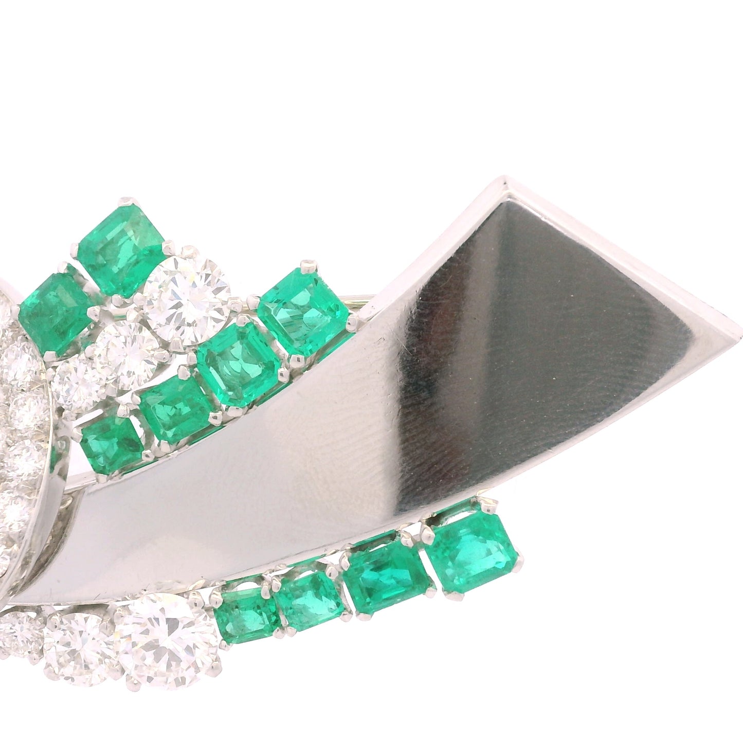Platinum Natural Emerald Gemstone & Round Brilliant Diamond Brooch
