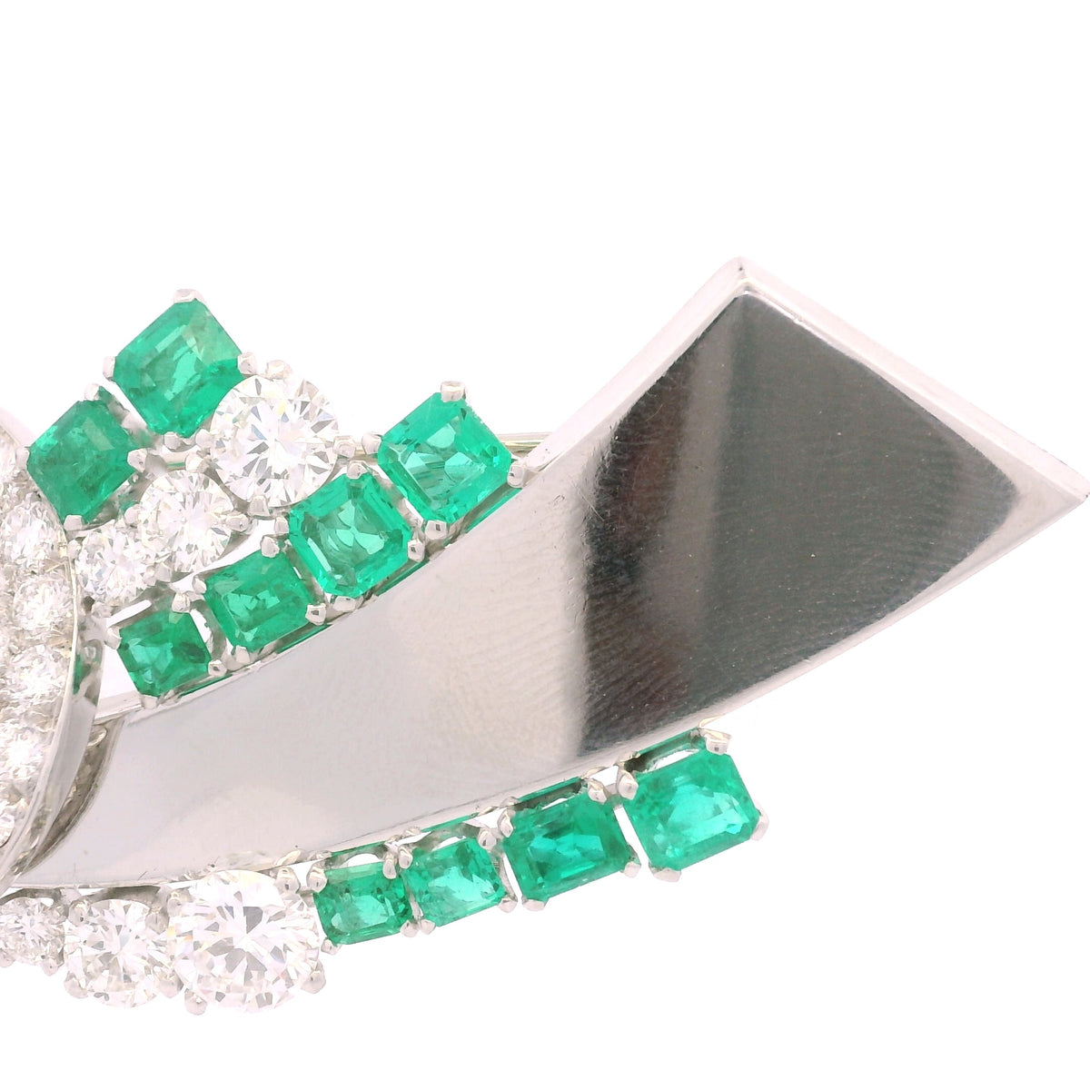 Platinum Natural Emerald Gemstone & Round Brilliant Diamond Brooch — product photo 12