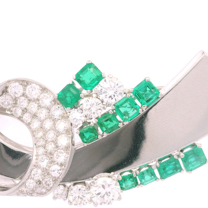 Platinum Natural Emerald Gemstone & Round Brilliant Diamond Brooch