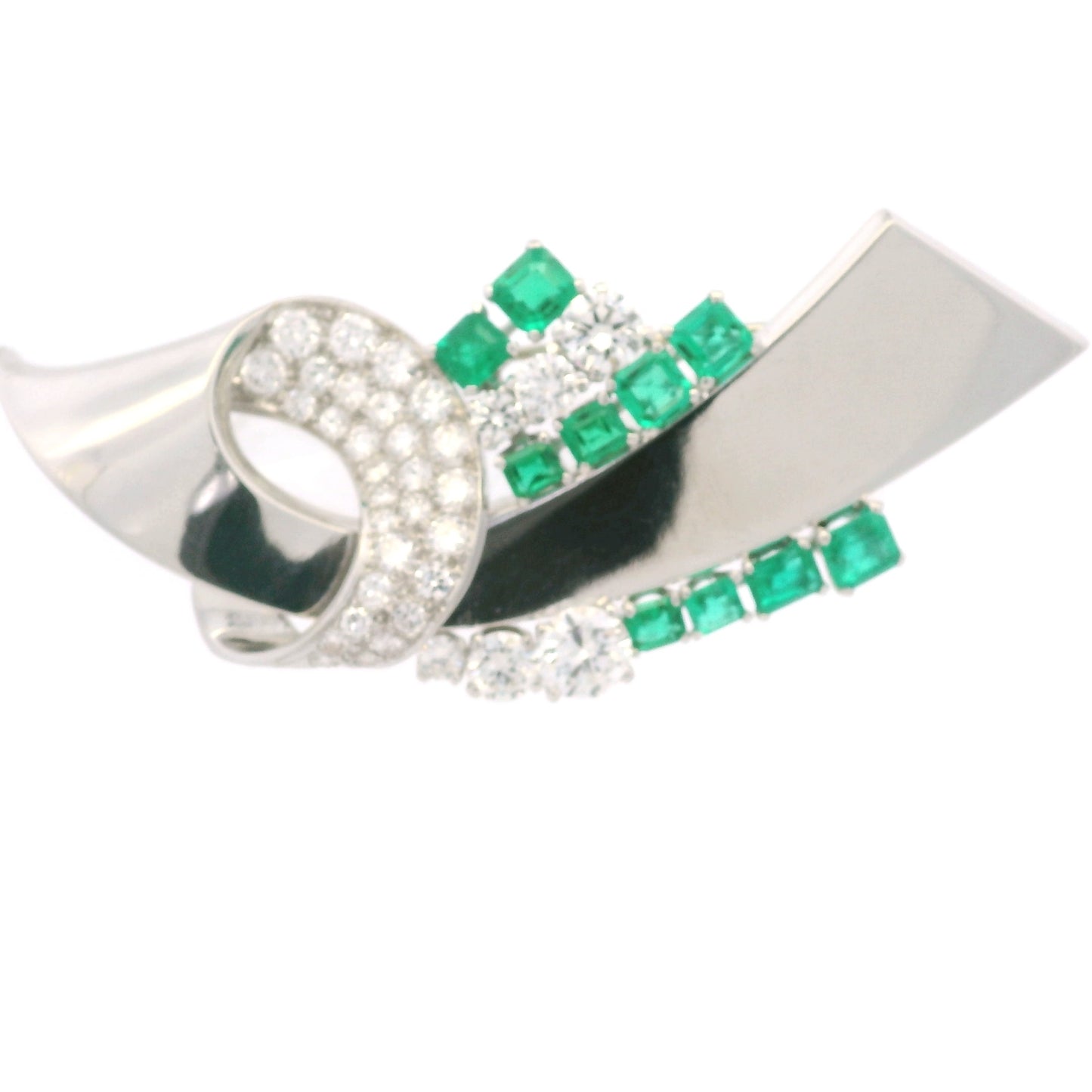 Platinum Natural Emerald Gemstone & Round Brilliant Diamond Brooch