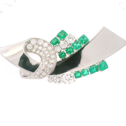 Platinum Natural Emerald Gemstone & Round Brilliant Diamond Brooch
