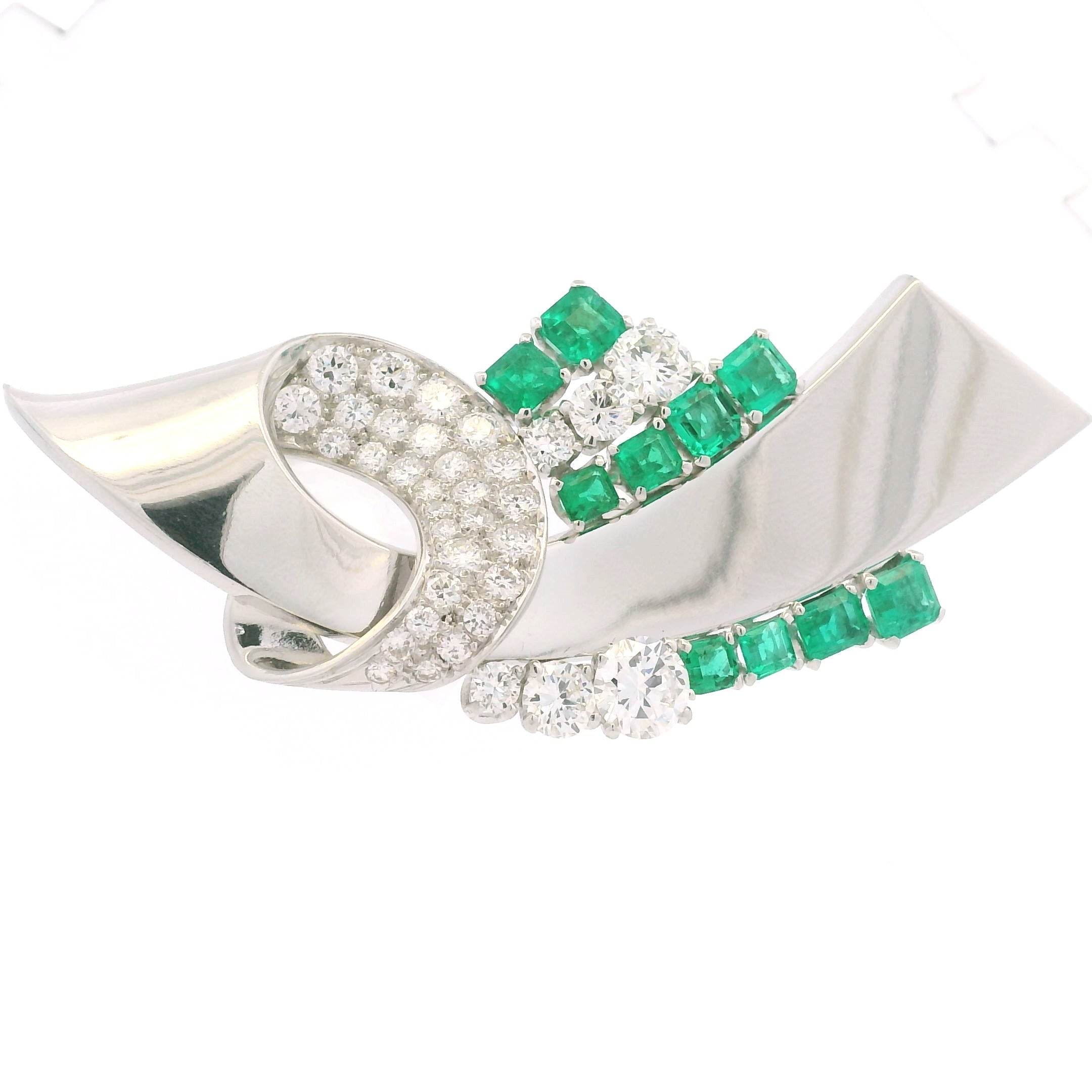 Platinum Natural Emerald Gemstone & Round Brilliant Diamond Brooch