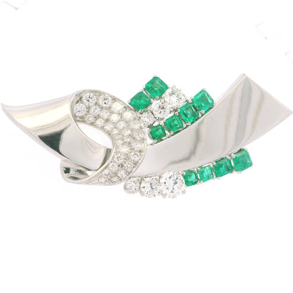 Platinum Natural Emerald Gemstone & Round Brilliant Diamond Brooch