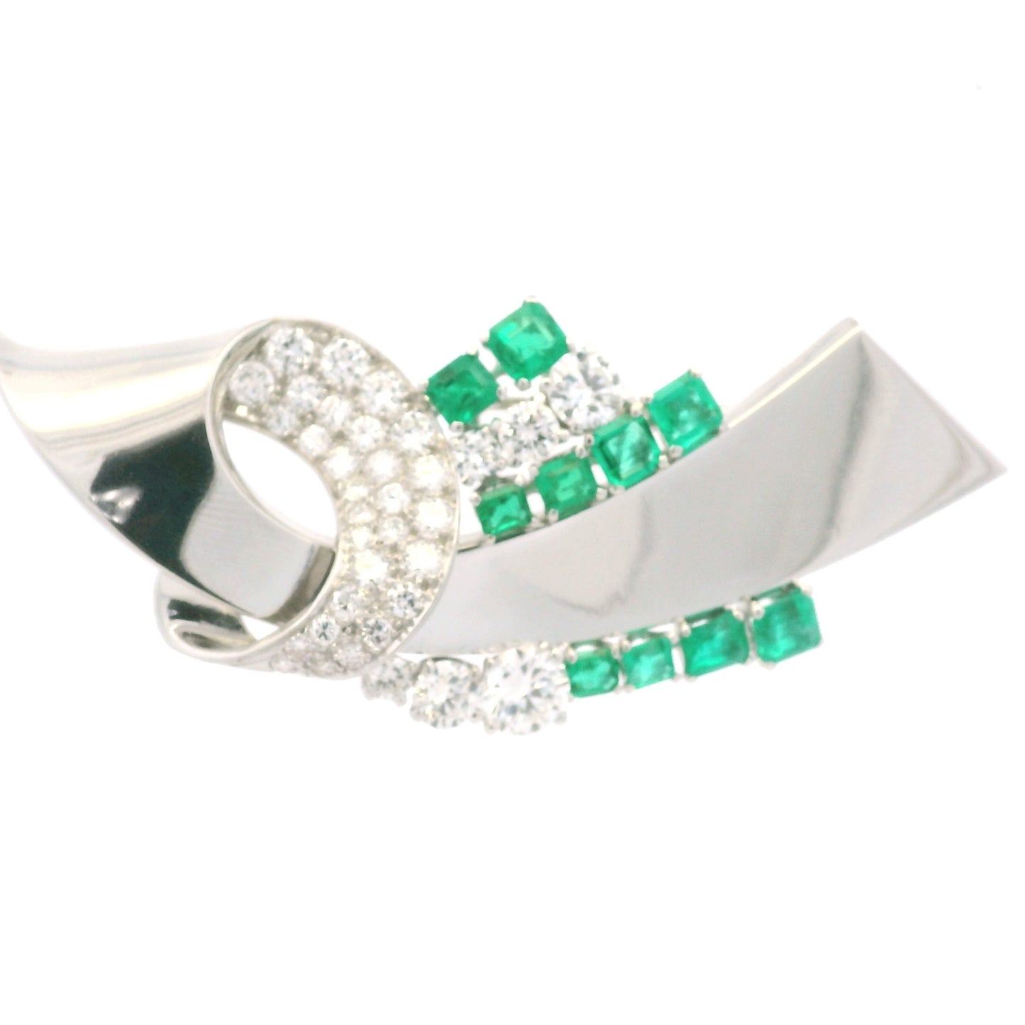 Platinum Natural Emerald Gemstone & Round Brilliant Diamond Brooch