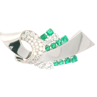 Platinum Natural Emerald Gemstone & Round Brilliant Diamond Brooch