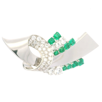 Platinum Natural Emerald Gemstone & Round Brilliant Diamond Brooch