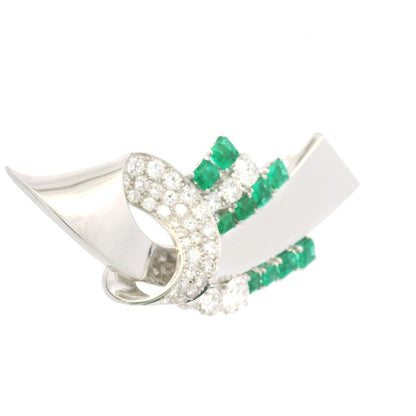 Platinum Natural Emerald Gemstone & Round Brilliant Diamond Brooch
