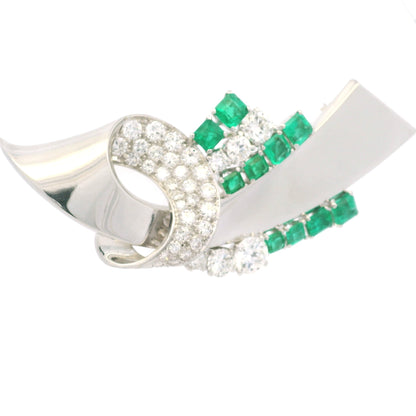Platinum Natural Emerald Gemstone & Round Brilliant Diamond Brooch