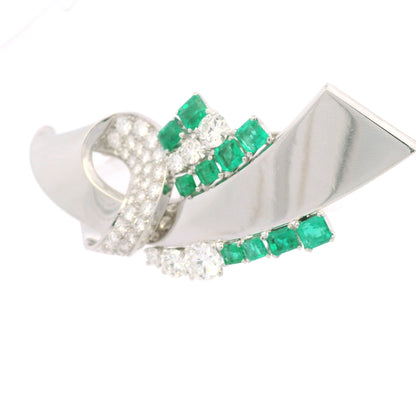 Platinum Natural Emerald Gemstone & Round Brilliant Diamond Brooch