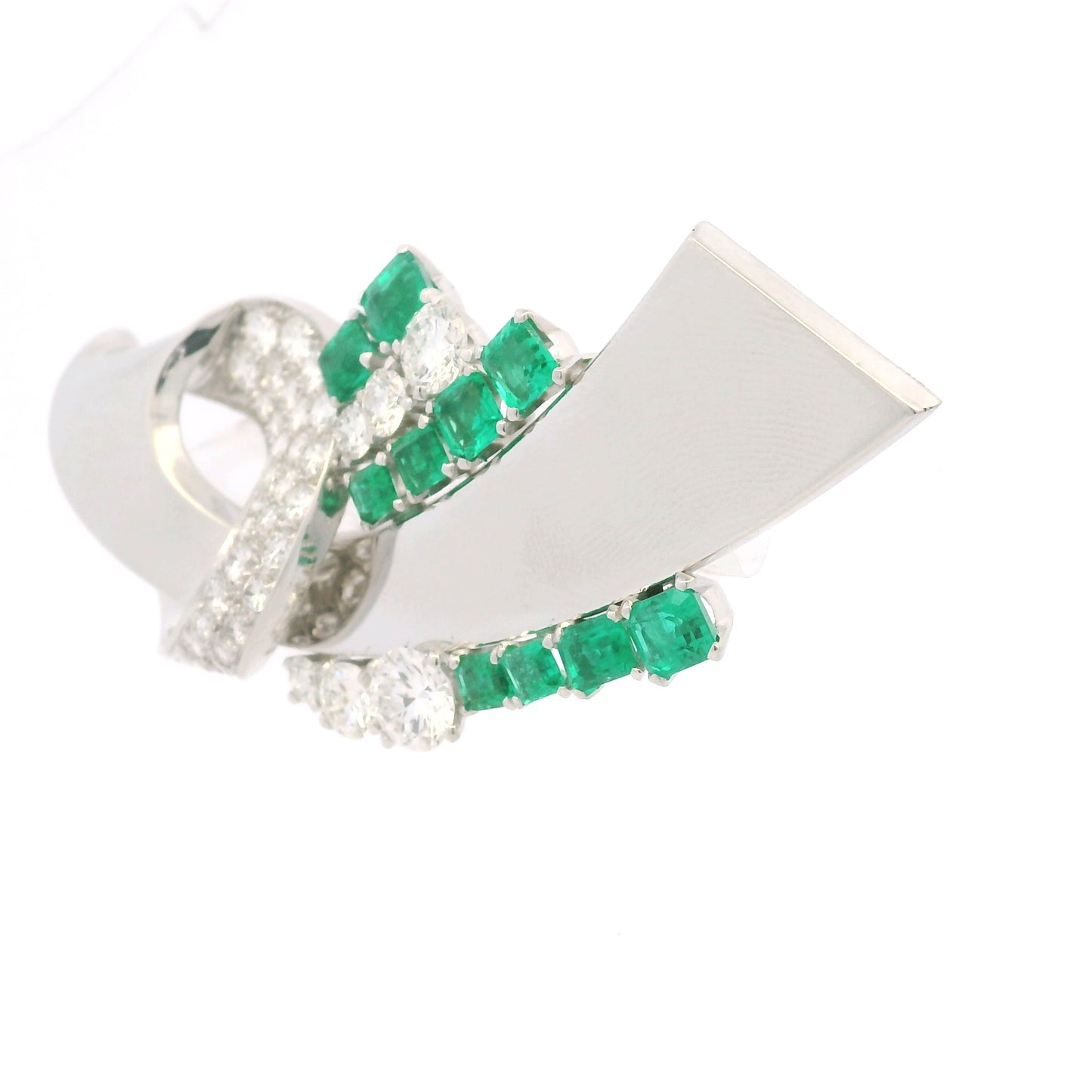Platinum Natural Emerald Gemstone & Round Brilliant Diamond Brooch