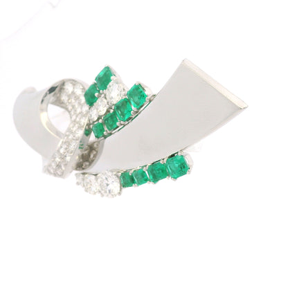 Platinum Natural Emerald Gemstone & Round Brilliant Diamond Brooch