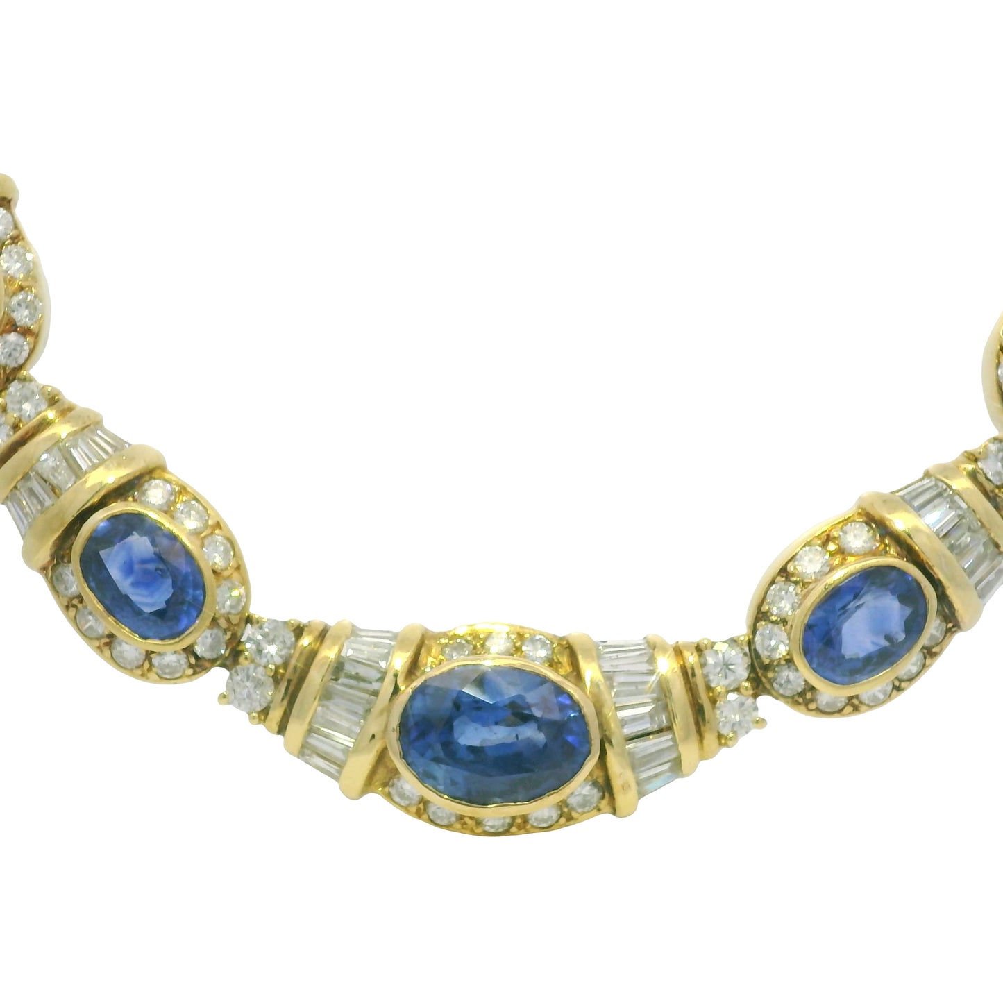 GIA 18k Yellow Gold Sri Lankan Oval Sapphire & Diamond Necklace
