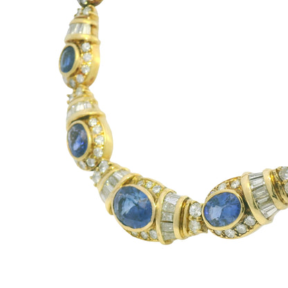 GIA 18k Yellow Gold Sri Lankan Oval Sapphire & Diamond Necklace