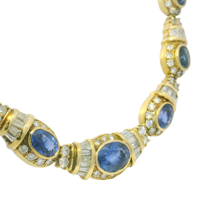 GIA 18k Yellow Gold Sri Lankan Oval Sapphire & Diamond Necklace