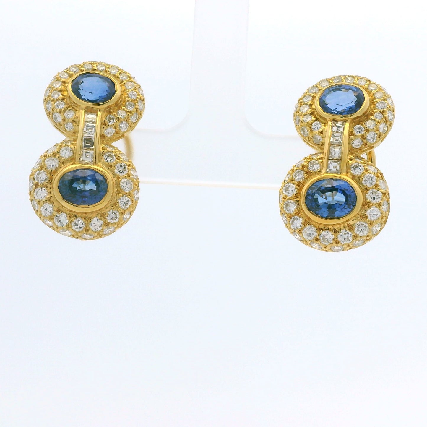 18K Yellow Gold Natural Sapphire & Asscher Cut Diamond Circle Drop Earrings