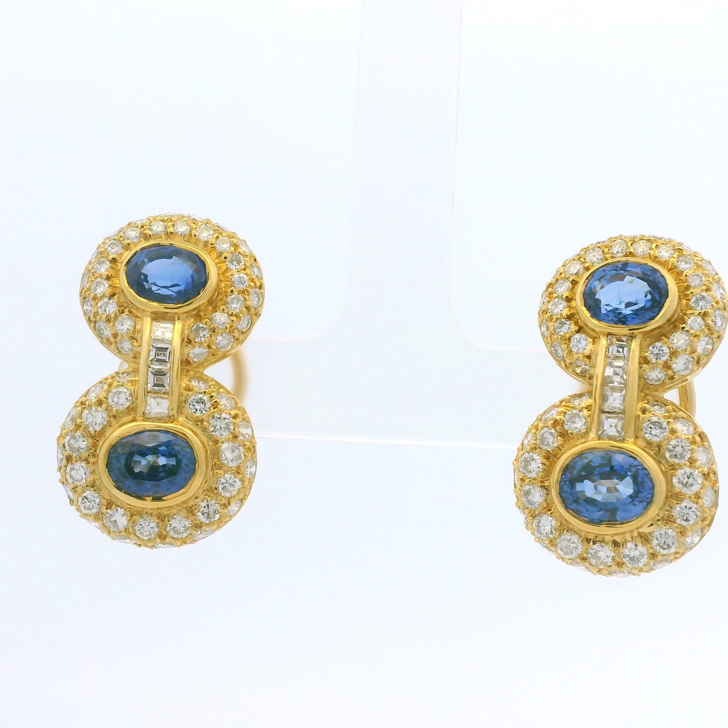 18K Yellow Gold Natural Sapphire & Asscher Cut Diamond Circle Drop Earrings
